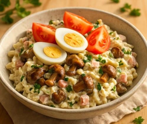 Marinētu sēņu salāti ar makaroniem