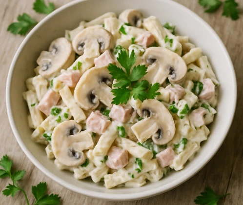 Vārītu sēņu salāti ar makaroniem