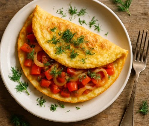 Omlete ar tomātiem, sīpolu un dillēm