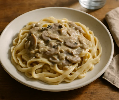 Makaroni sēņu mērcē