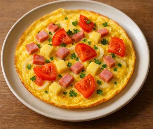 Omlete ar sieru, šķiņķi un dārzeņiem