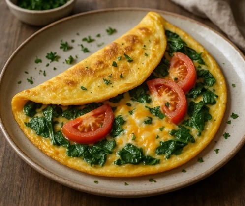 Omlete ar spinātiem, tomātiem un sieru