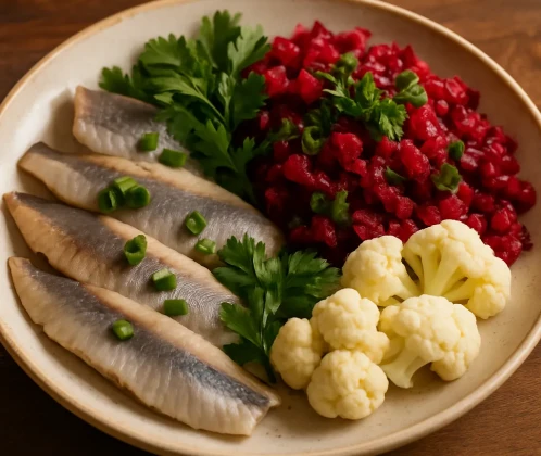 Siļķu fileja ar biešu salātiem un puķkāpostiem