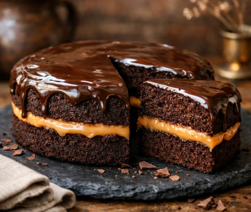 Šokolādes torte ar vārīto iebiezināto pienu