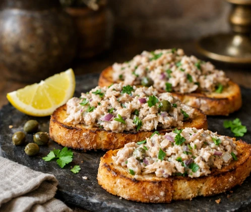 Tuncis ar majonēzi un kaperiem uz grauzdiņa