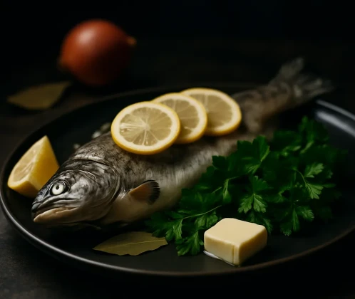 Vārīta forele ar citronu un zaļumiem