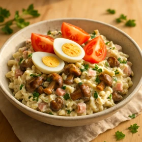 Marinētu sēņu salāti ar makaroniem