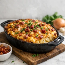 Makaronu sacepums cepeškrāsnī ar sieru un bekonu