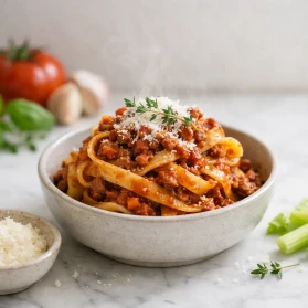 Pasta bolognese — lēni sautēta maltās gaļas mērce